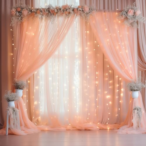 10ft x 10ft Peach Backdrop Curtain Panels with Lights String for Parties, Sheer Tulle Wedding Photo Backdrops Drapes for Baby Shower Birthday Party Decorations Background for Photography - color: Peach, size: W5' x H10'(2 panels)