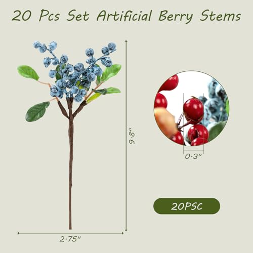 SHACOS 20 PCS Artificial Berry Stems Assorted Mixed Color, Fake Berries Branches Spray with Green Leaves 9.8 inch Small Berry Picks for Floral Crafts Centerpiece Bouquet Filler Home Wedding Decor - color: Mix, size: 20 PCS