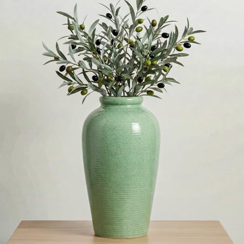 Green Ceramic Vase - 11 Inch Tall Modern Flower Vase for Pampas Grass, Pottery Decorative Vase for Centerpieces, Farmhouse Decor, Living Room, Kitchen, Shelf, Table Decor - color: Green