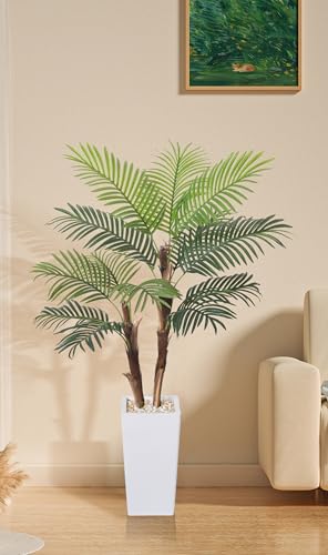 HAIHONG Artificial Palm Tree 5FT, Fake Tree with Realistic Fiber Trunks and White Tall Planter, Faux Tropical Areca Floor Plant in Pot, Artificial Silk Plant for Home Decor Office Living Room Decor