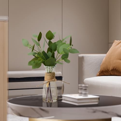 Artificial Eucalyptus Stems in Glass Vase with Faux Water for Table Centerpieces, Fake Eucalyptus Stems and Leaves Greenery in Vase for Home Office Decor