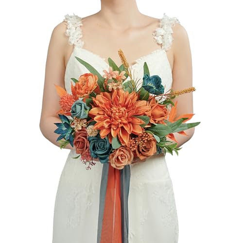 TINGE TIME Artificial 9 Inch Bridal Bouquet, Burnt Orange & Dark Teal Flower Bouquet with Roses for Bride, Bridal Tossing Bouquet for Fall Wedding Ceremony Bridal Showers Wedding Decoration - color: Burnt Orange & Dark Teal