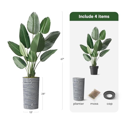 Artificial Tree in Modern Geometric Pattern Planter, Fake Bird of Paradise Silk Tree for Indoor and Outdoor Home Decoration - 67" Overall Tall (Plant Pot Plus Tree) - style: Bird of Paradise
