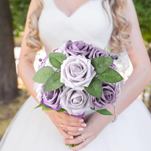 AmyHomie 25pcs Real Looking Artificial Pale Lavender Roses w/Stem for DIY Wedding Bouquets Centerpieces Arrangements Party Baby Shower Valentines Day Christmas Tree Decorations - color: Pale Lavender & Dusty Violet