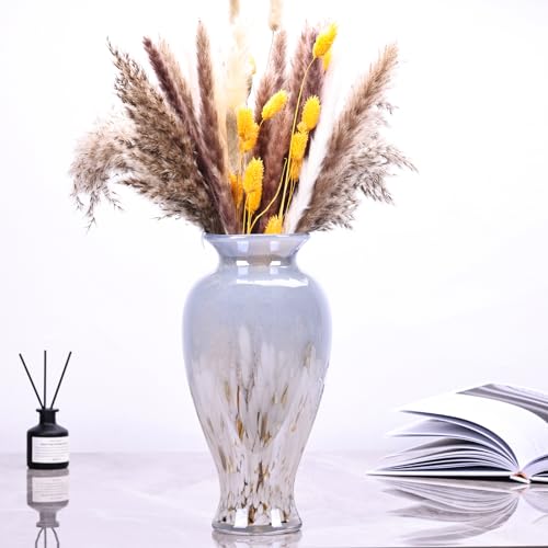 11.8" Tall Blown Blue Glass Vase, Colorful Opaque Glass Vase, Unique Design Wide Mouth Art Decoration for Home, Living Room, Dining Table, Pampas Grass Decor (Blue White) - color: Blue White