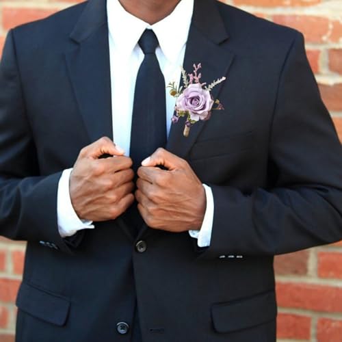 Purple Wrist Corsage Wristlet Band Bracelet and Men Boutonniere Set for Wedding Party Bridal Shower Homecoming Ceremony Anniversary for Girl Mother Bride Bridesmaid Groom Groomsmen - color: Purple Corsage and Boutonniere