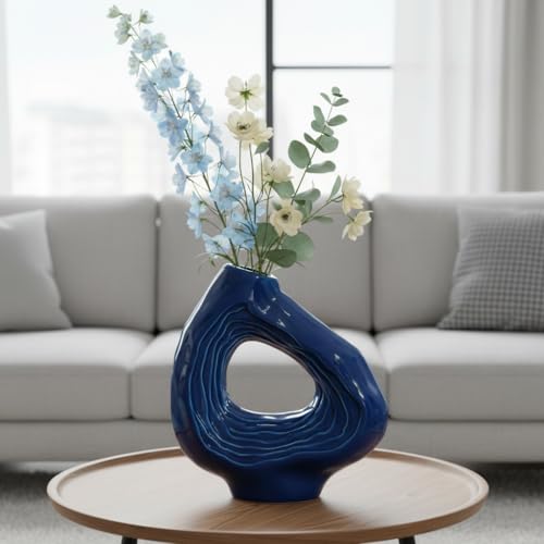 Sunddo Blue Ceramic Vase for Home Decor - 9 Inch Modern Flower Vase, Boho Donut Decorative Vase for Flowers, Living Room Bedroom, Wedding, Table Centerpiece - color: Blue, size: 9 inch