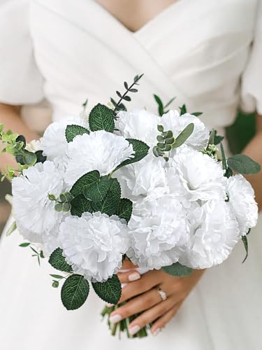 LELEE 108pcs Carnation Head Flowers with Stem, White Artificial Carnations Flowers Bulk, White Silk Carnation Fake Flower for Wedding Bouquet Table Centerpieces Funeral Cemetery Gravesite Decor - color: White