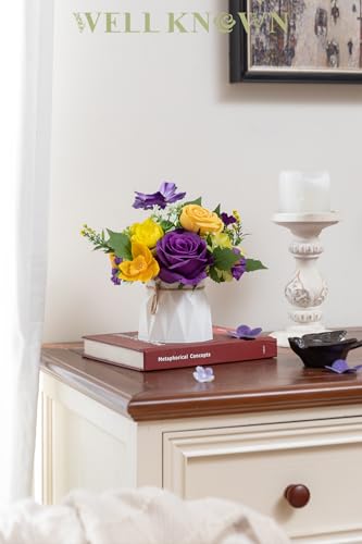 WELL KNOWN Small Fake Flowers in Plastic Vase 7" Centerpieces Coffee Table Decor, Silk Flower Arrangements for Home Decor Indoor Artificial Flower Bouquet for Dining Room Kitchen Wedding Yellow Purple - color: Purple & Yellow