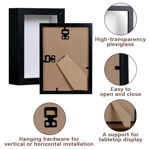 5x7 Shadow Box - Black Wooden Deep Picture Frame with Shatter-Resistant Panel for Wall Decor | 3D Display Case for Military Medals, Flowers, Photos and Crafts | Easy to Open & Ready to Hang Gift Idea - color: Black, size: 1Pcs 5x7in