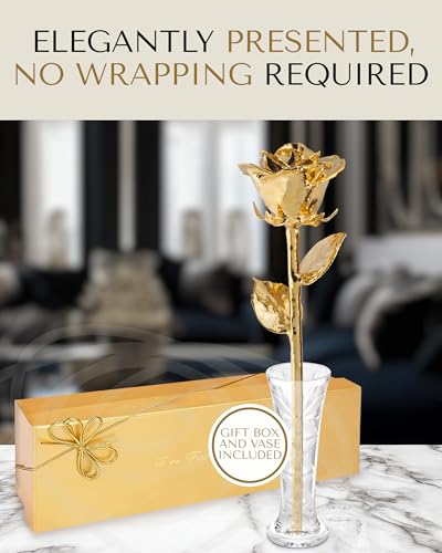 Forever Rose 24K Gold Dipped Real Rose – Handmade, Long-Lasting Preserved Flower in Glass Vase & Gold Box, Romantic Gift for Anniversary, Valentine's, Mother's Day, Birthday, Wedding, Wife, Girlfriend - color: Vase Combo