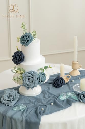 TINGE TIME Navy Blue Artificial Flowers Combo Box Set, Gradient Color Fake Flower Leaf with Stems for DIY Wedding Bouquets Table Centerpieces Baby Shower Home Party Floral Arrangements Decorations - color: Dusty Blue