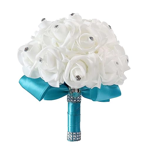 MOJUN Wedding Bouquets Crystal PE Roses Bridal Bridesmaid Wedding Hand Holding Bouquet Artificial Fake Flowers Toss Bouquet, Lake Blue - color: Lake Blue