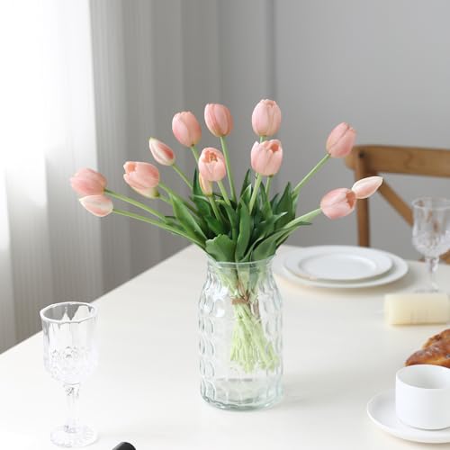 15 Pcs Fall Pink Artificial Tulips Fake Flowers, Premium Latex Lifelike Texture, UV Resistant Waterproof Faux Tulip Bouquets with Snap-on Petals for Outdoor, Home, Wedding Decor - color: Autumu Pink