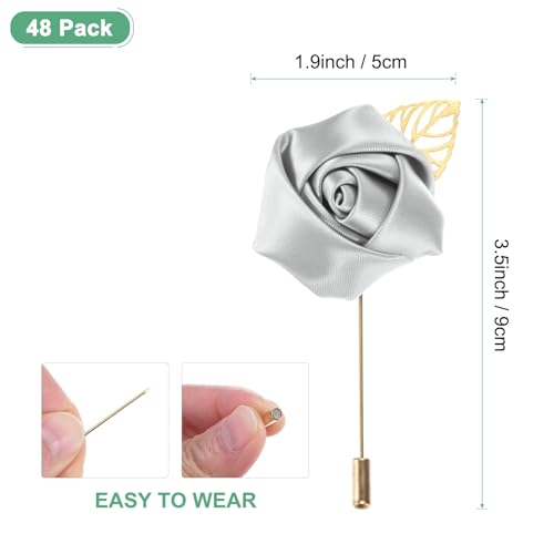 M METERXITY 48-Pack Flower Lapel Pins for Men, Golden Leaf Rose Boutonnieres Pin Groom Boutonnieres for Wedding/Dance/Party, Men Lapel Pins for Suits Satin Flower Corsage [Silver Grey] - color: Silver Grey