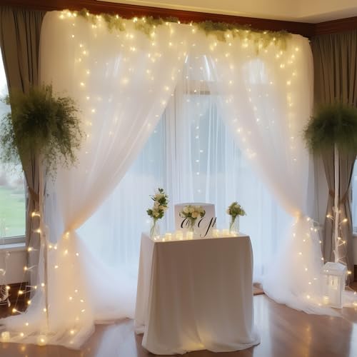 10ft x 8ft White Backdrop Curtains with Lights String for Parties, Sheer Tulle Wedding Photo Backdrops Drapes for Baby Shower Birthday Party Decorations Background for Photography - color: White, size: W5' x H8'(2 panels)