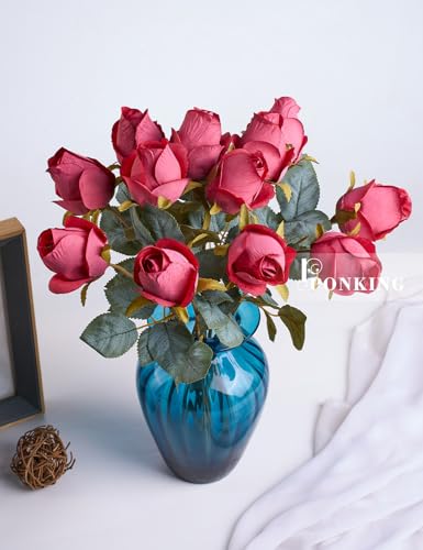 PONKING Rose Artificial Flower Buds 12pcs Realistic Faux Silk Roses Fake Flowers Bouquets Arrangements Decor for Wedding Spring Mother's Day, Home Table Decorations, Dark Magenta Flower - color: C 12pcs Dark Magenta Rose
