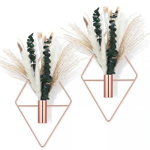 Canlierr 4 Pcs Rose Gold Wall Decor Hanging Planters with Artificial Plants Eucalyptus Pampas Grass Metal Hanging Vase Indoor Plants Holder Modern Boho Wall Art for Bathroom Bedroom Living Room Decor - color: Rose Gold, size: Pampas Grass, Eucalyptus