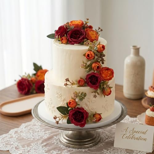 Artificial Peony Silk Flower Bouquet, Fake Burgundy Flowers Autumn Floral Arrangement for Wedding Party Table Centerpieces Home Kitchen Decor - color: Burgundy & Orange