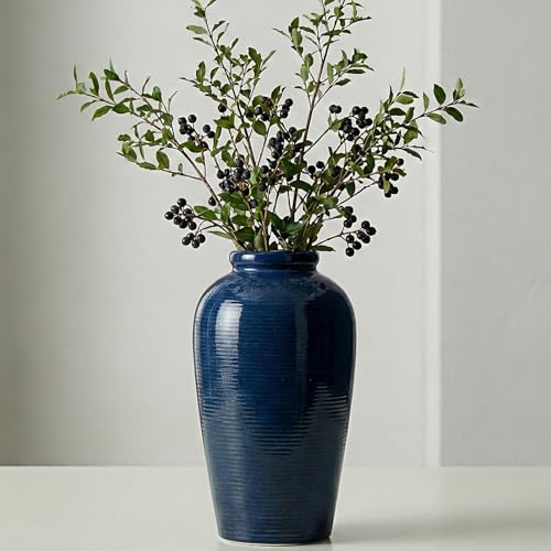 Blue Ceramic Vases Home Decor - 11 Inch Tall Farmhouse Vases for Flowers, Modern Textured Vase for Centerpieces, Living Room, Kitchen Island Decor, Fireplace, Entryway Decorations - color: Blue