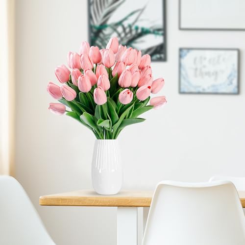 Sggvecsy 30 Pcs Fake Tulips Artificial Flowers Real Touch PU Faux Flowers Tulip Stems for Wedding Spring Bouquet Floral Arrangement Home Party Office Decorations for Mother's Day (Milk Pink) - color: Milk Pink, size: 30 Pcs