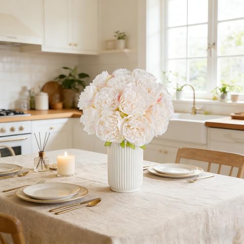 SITUMEIZI 10PCS Artificial Peony Flowers, Real Touch Fake Silk Bouquet with Stems for Home Mothers Day Wedding Party Centerpieces Table Decoration Indoor(Ivory White) - color: Ivory White