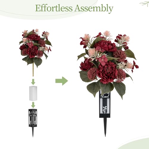 Red Cemetery Flowers for Grave: 2 Pcs Peony Grave Flower Bouquets for Cemetery Decorations - Spring Outdoor Gravesite Flowers with Vase - color: Red