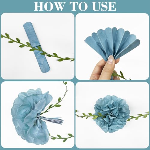 Dusty Rose Pink Blue Khaki Beige Tissue Paper Flowers Pom Pom with Leaf Ribbon Hanging Garland Streamer for Gender Reveal Baby Shower He or She Boy or Girl Vintage Themed Party Decorations Supplies - color: dusty blue pink