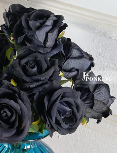PONKING 3.5"(9cm) Rose Artificial Flower 12pcs Realistic Faux Silk Roses Fake Flowers Bouquets Arrangements Decor for Wedding Mother's Day, Home Table Christmas Valentine Decorations, Black Flower - color: D 12pcs Black Rose