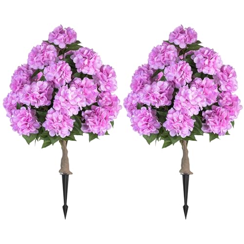BLOSMON Hydrangea Topiary Trees Artificial - Outdoor 2 Packs 33" Pink Fake Flower Ball Tree for Front Porch Planters Urns Decor - 20 Heads Faux Hydrangea Bush Plants with Spike for Garden Yard Patio - color: Pink