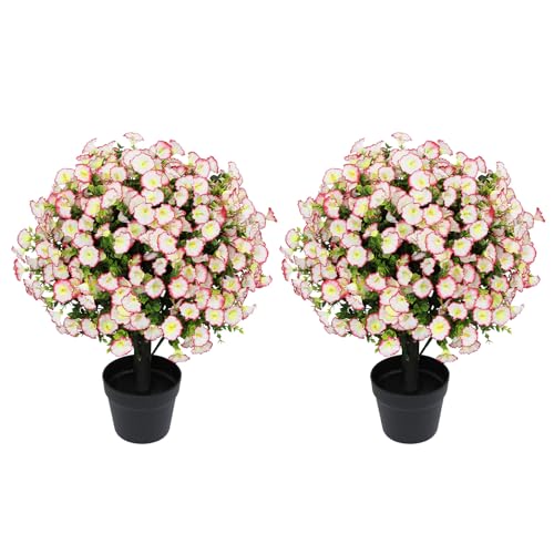 24" Artificial Potted Plants Outdoor Set of 2, UV Resistant Faux Pink Flowers with Eucalyptus, Decorative Plants in Pots for Front Porch, Patio & Entryway - color: Pink, size: 24in Morning Glory Eucalyptus
