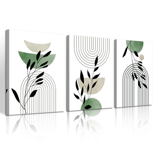 WENGTIAO 3Pcs Boho Sage Green Canvas Wall Art MInimalist Geometric Line Leaf Pictures Prints Paintings Abstract Mid Century Botanical Green Plant Artwork for Living Room Bedroom Bathroom 12x16x3 - color: Boho-sage green, size: 12"x16"x3Pcs