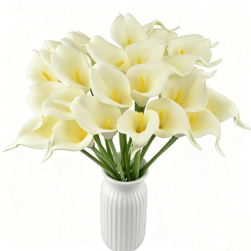 Calla Lily Bridal Wedding Festival Decor Bouquet Real Touch Latex Flower Bouquet Pack of 20 (Off-White) - color: Off-white