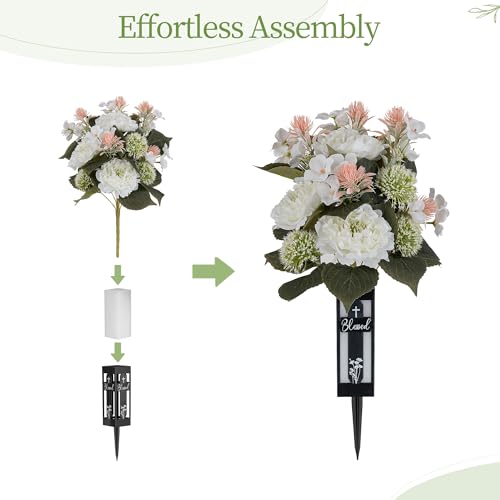 White Artificial Flowers for Cemetery: 2 Pcs Peony Grave Flower Bouquets for Cemetery Decorations - Outdoor Gravesite Flowers with Vase - color: White