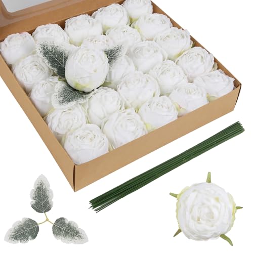 White Silk Peonies Artificial Flowers 24PCS Fake Flower Heads Bulk 2.56" Faux Roses with Stems for Wedding DIY Bouquets Cake Party Home Decoration (White) - color: White