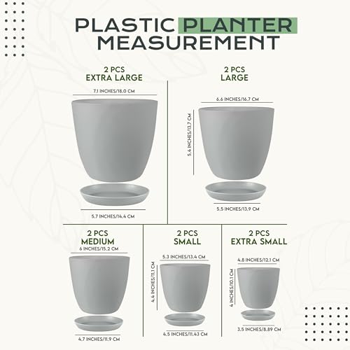 Utopia Home - Plant Pots Indoor with Drainage - 7/6.6/6/5.3/4.8 Inches Home Decor Flower Pots - Pack of 10 Plastic Planters for Indoor Plants, Cactus, Succulents Pot - Grey - color: Gray, size: Pack of 10