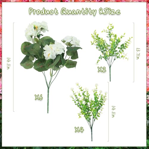 Olatay 12 Bundles Mixed Color Artificial Flowers for Outdoor, Artificial Geraniums Flowers for Outdoor, UV-Resistant Fake Geraniums for Porch, Balcony, Garden, Indoor Decoration (White) - color: White