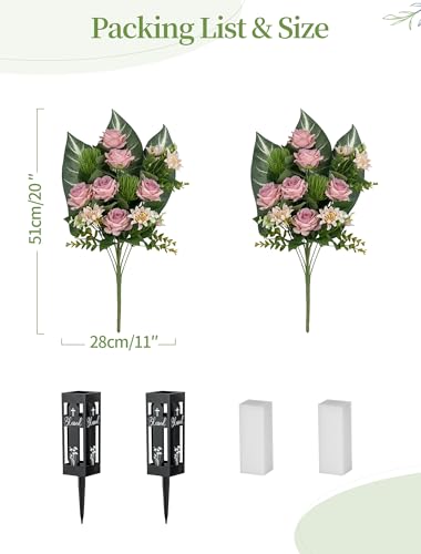 Cemetery Flowers for Grave Vase: 2 Pcs Pink Roses Realistic Memorial Day Flowers Bouquets - Spring Outdoor Grave Decorations - color: Dusty Pink