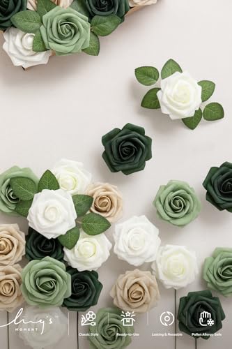 Ling's moment Artificial Flowers, 25Pcs 3" Roses in Sage Shades, Realistic DIY Foam Floral Decor for Wedding Bouquets/Centerpieces, Outdoor Party Backdrops, Room/Table, and Garden/Pot Decorations - color: Shades of Emerald & Tawny Beige, size: 25Pcs