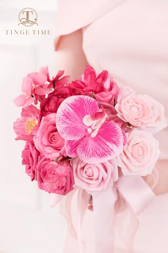 TINGE TIME 7inch Wedding Bouquets for Bridesmaid, Artificial Flowers Cascading Bridal Bouquet for Wedding (Hot Pink, Set of 4) - color: Hot Pink
