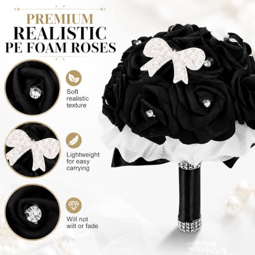MAGICLULU Elegant Black Bridal Wedding Bouquet with Chic Artificial Foam Flowers, Artificial Holding Flowers for Brides and Bridesmaids, Ideal for Weddings, Parties, 9.44X6.29X6.29in