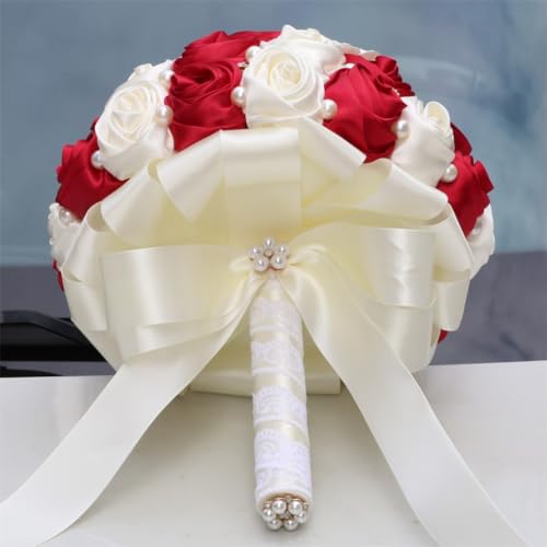 Bridal Wedding Bouquet with Rhinestone Brooch Pearl Bouquet for Bride Bridesmaid Quinceanera Rose Flower Bridal Bouquet Wedding Burgundy and Ivory 7.5in - color: Burgundy & Ivory, size: Medium (DIA. 7.5"/19cm)