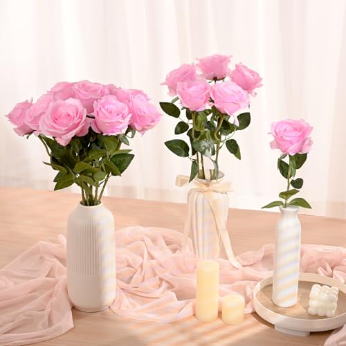 Waipfaru 16 Pcs Valentines Day Flowers, Fake Roses Artificial Flowers with Long Stems, Silk Pink Roses Bouquet for Wedding Vase Mothers Day Flower Arrangement Home Decor (Pink) - color: B-pink, size: 16 Pcs