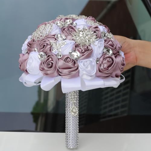 Bridal Wedding Bouquet with Bling Silver Rhinestones for Bride Bridesmaid Quinceanera Satin Rose Flower Bouquet Wedding Skin Purple and White 8.7in - color: Skin Purple & White (Standard Size: Dia.8.7")