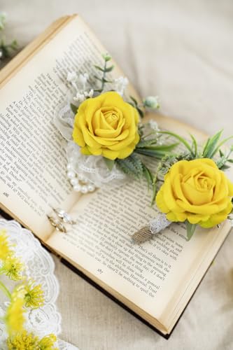 Ansofi Yellow Corsage and Boutonniere Set Artificial Rose Flower Wrist Corsage and Boutineers for Groom Groomsmen Bride Bridesmaids Prom Rustic Vintage Wedding Decor - color: Yellow