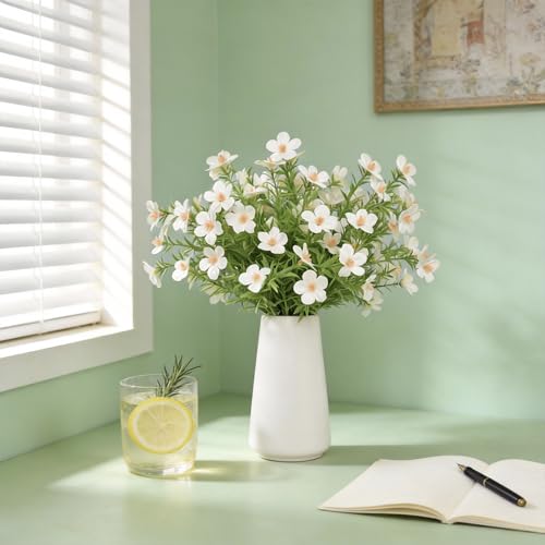 Artificial White Gypsophila Baby's Breath Flower Arrangement in Ceramic Vase – 6 Inch White Vase, Faux Cosmos Bouquet for Home Decor, Table Centerpiece, Office & Farmhouse Décor - color: White