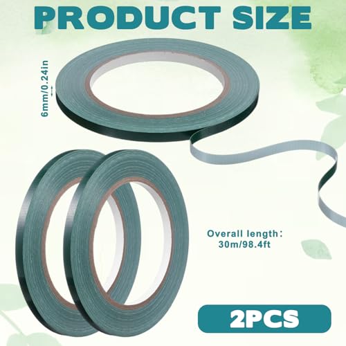 2Rolls Green Floral Tape 1/4 Inch Wide Strong Adhesion Flower Tape Waterproof Floral Tapes for Bouquet Stem Wrapping and Art Crafts(98ft/Roll)