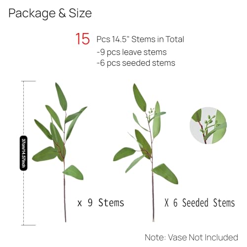 Avoeco 15 Pcs Faux Eucalyptus Stems – Real Touch Artificial Greenery with Seeded and Leaf Branches, Oilve Tree 14.5'' Tall for Vase, DIY Floral Arrangements, Wedding Bouquets, Home Décor, Centerpieces