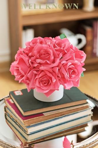 WELL KNOWN Artificial Flowers in Vase, Silk Rose Arrangement Mini Potted Fake Flowers with White Ceramic Vase for Home Wedding Vanity Coffee Table Centerpiece Bathroom Anniversary Decor (Hot Pink) - color: Rose, Hot Pink