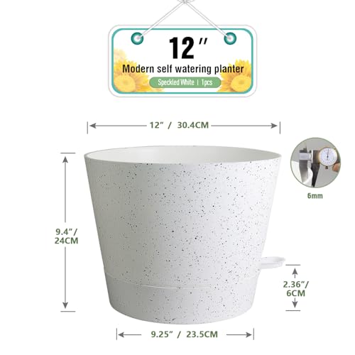 Meowell 12 inch Large Self Watering Pots, Plant Pots with Mesh Drainage Holes for Indoor Outdoor Plants, Plastic Planters with Deep Reservoir for Garden House Flower Plants, Speckled White - color: Speckled White, size: 12inch A